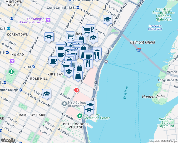 map of restaurants, bars, coffee shops, grocery stores, and more near in New York