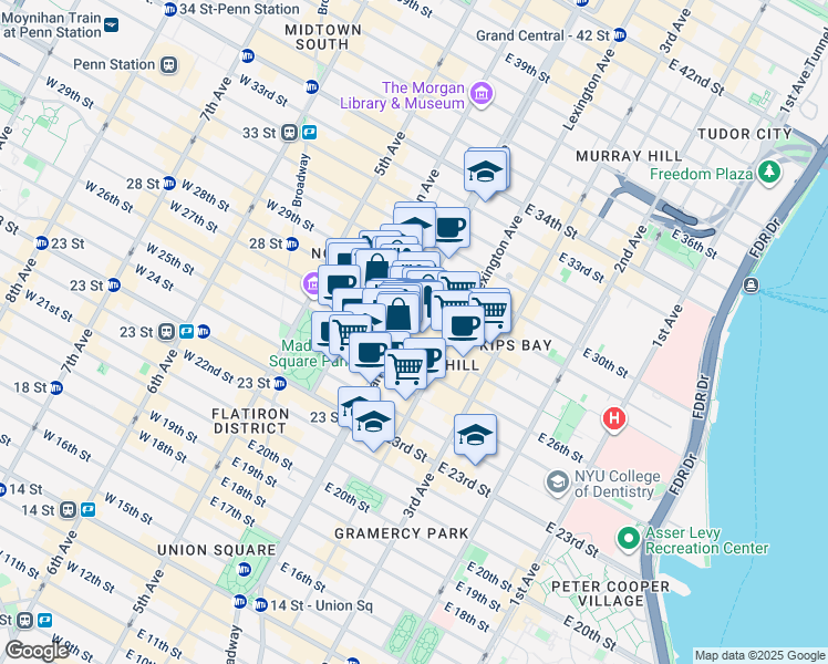 map of restaurants, bars, coffee shops, grocery stores, and more near 401 Park Avenue South in New York