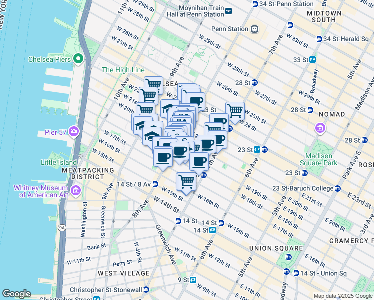 map of restaurants, bars, coffee shops, grocery stores, and more near in New York
