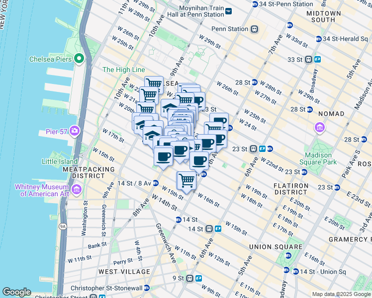 map of restaurants, bars, coffee shops, grocery stores, and more near in New York