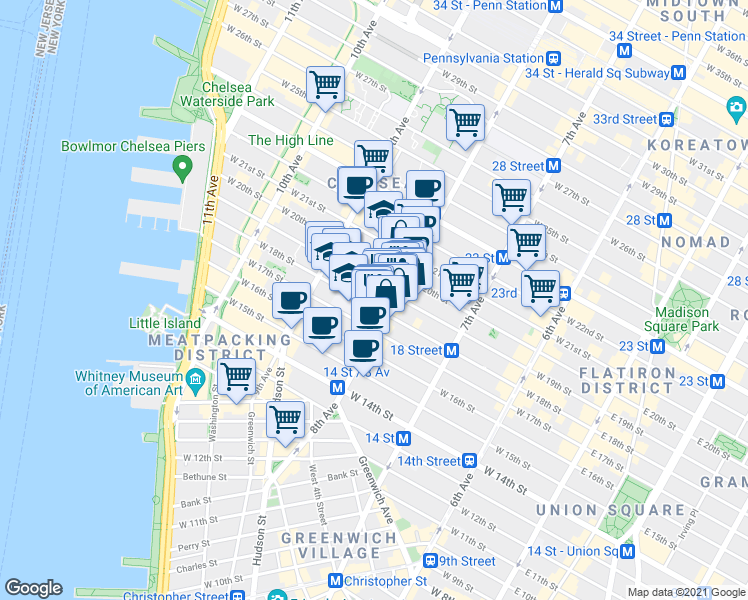 map of restaurants, bars, coffee shops, grocery stores, and more near in New York