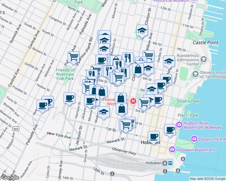 map of restaurants, bars, coffee shops, grocery stores, and more near 410 Jefferson Street in Hoboken