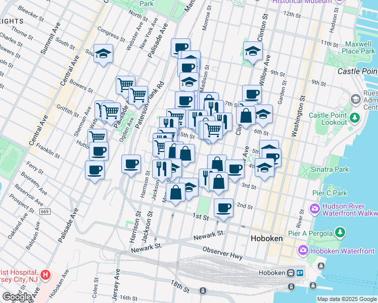 map of restaurants, bars, coffee shops, grocery stores, and more near in Hoboken