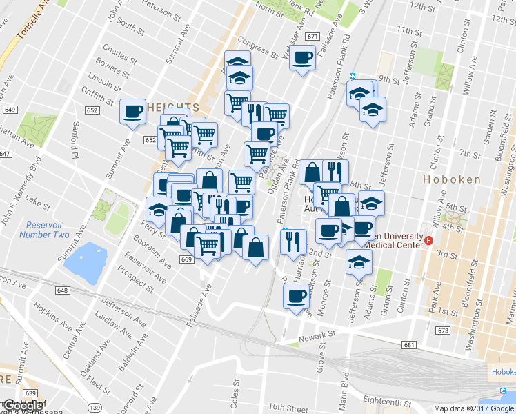 map of restaurants, bars, coffee shops, grocery stores, and more near 426 Palisade Avenue in Jersey City