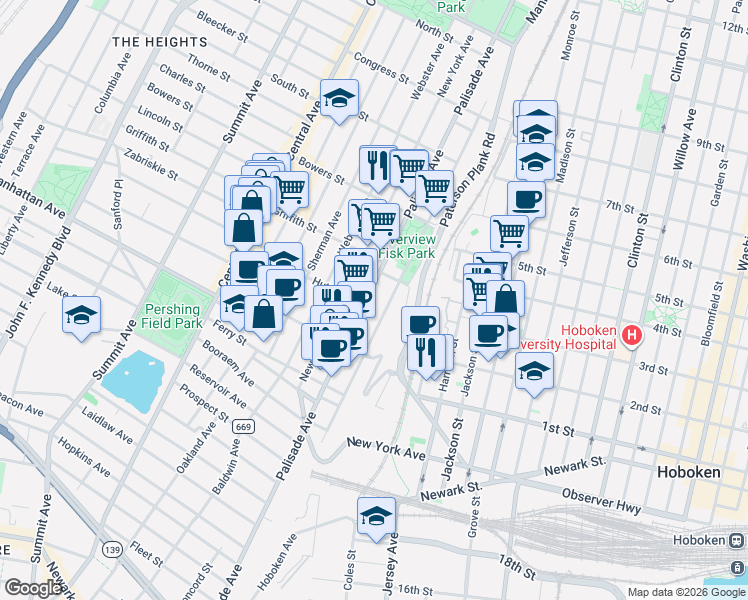 map of restaurants, bars, coffee shops, grocery stores, and more near 426 Palisade Avenue in Jersey City