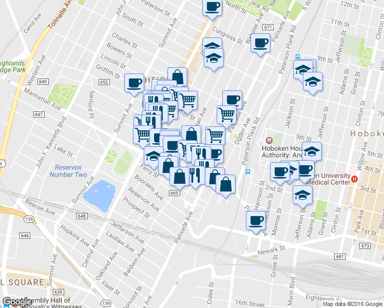map of restaurants, bars, coffee shops, grocery stores, and more near 70 Sherman Avenue in Jersey City
