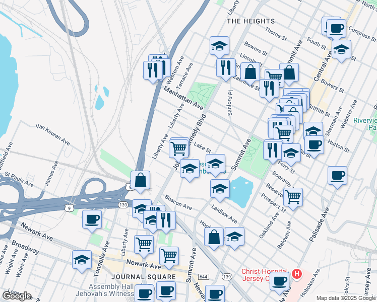 map of restaurants, bars, coffee shops, grocery stores, and more near in Jersey City