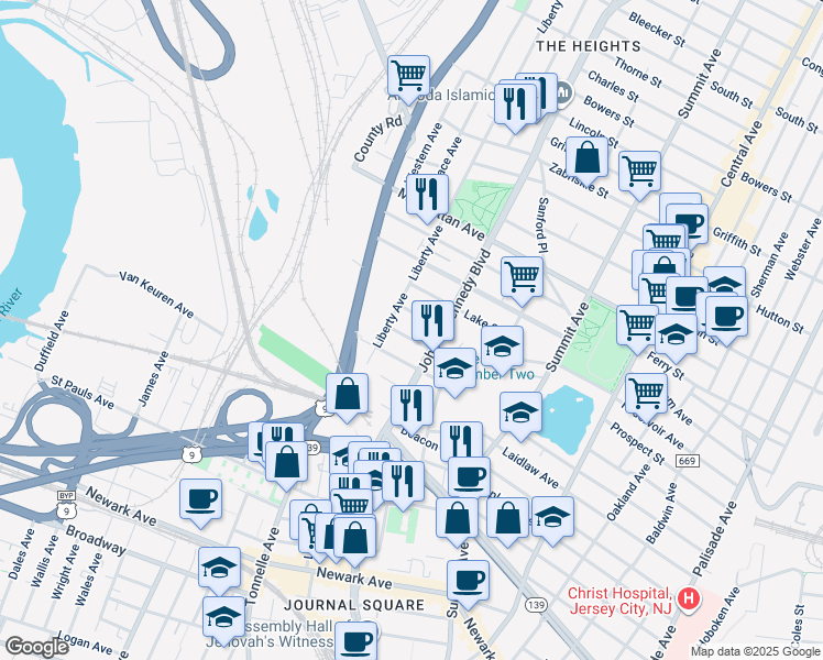 map of restaurants, bars, coffee shops, grocery stores, and more near 29 Cliff Street in Jersey City