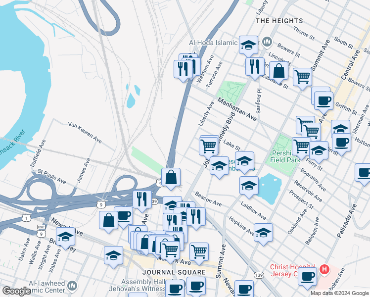map of restaurants, bars, coffee shops, grocery stores, and more near 175 Liberty Avenue in Jersey City