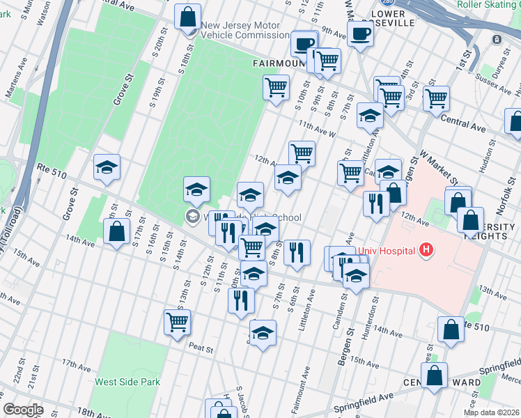 map of restaurants, bars, coffee shops, grocery stores, and more near 375-389 13th Avenue in Newark