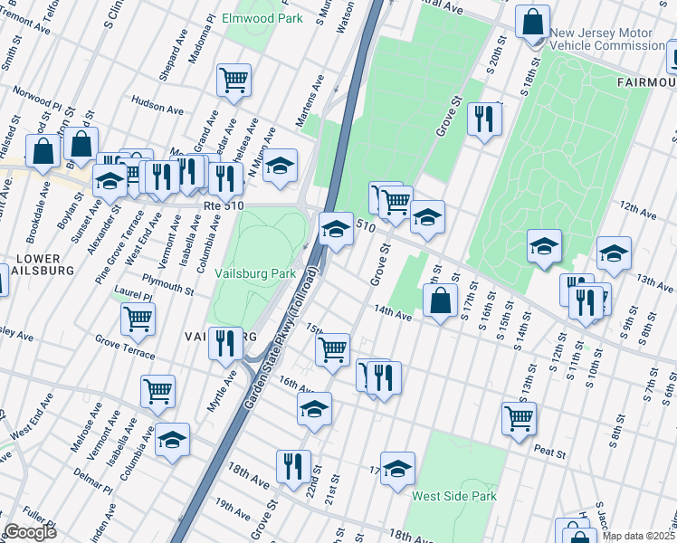 map of restaurants, bars, coffee shops, grocery stores, and more near 40 Gladstone Avenue in Newark