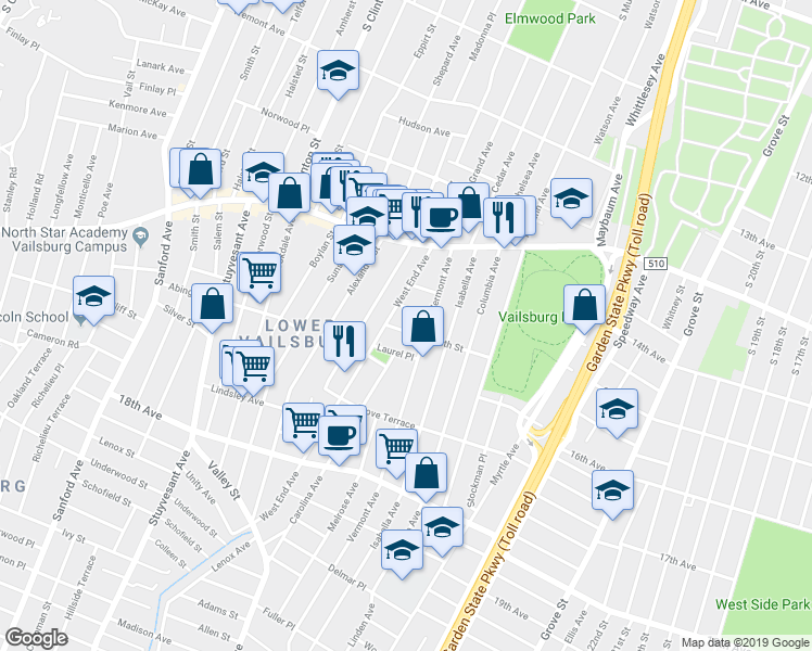 map of restaurants, bars, coffee shops, grocery stores, and more near 66 West End Avenue in Newark