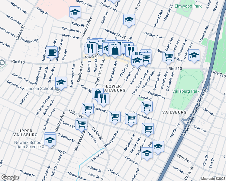 map of restaurants, bars, coffee shops, grocery stores, and more near 91 Boylan Street in Newark