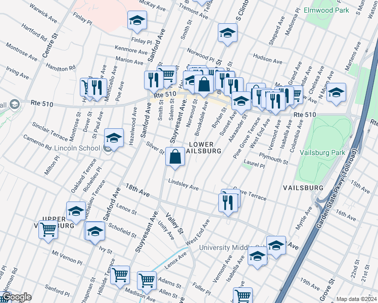 map of restaurants, bars, coffee shops, grocery stores, and more near 96 Norwood Street in Newark