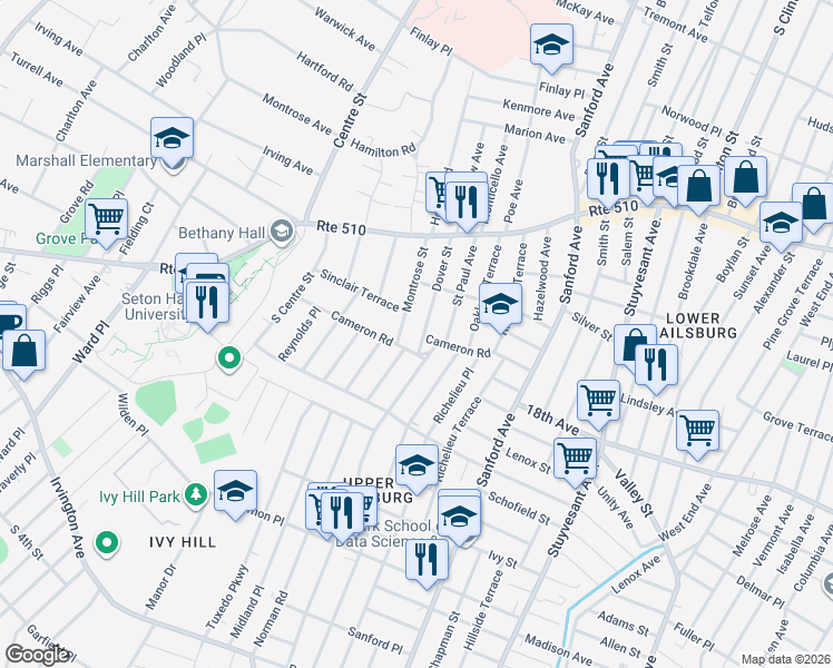 map of restaurants, bars, coffee shops, grocery stores, and more near 73 Dover Street in Newark