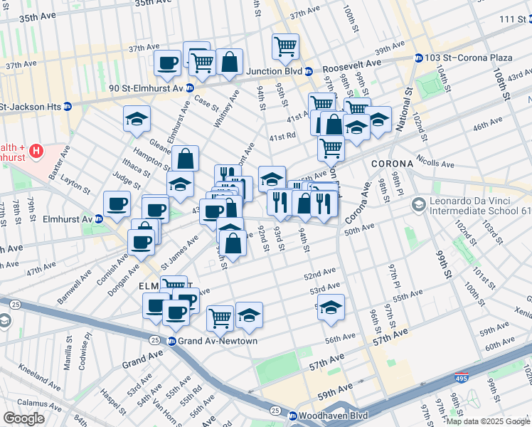 map of restaurants, bars, coffee shops, grocery stores, and more near 92-09 Corona Avenue in Queens