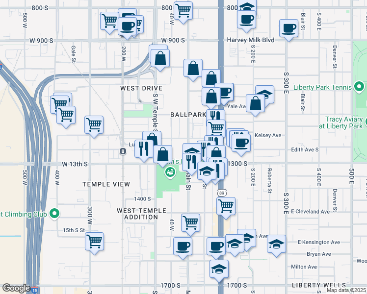 map of restaurants, bars, coffee shops, grocery stores, and more near 1234 South Main Street in Salt Lake City