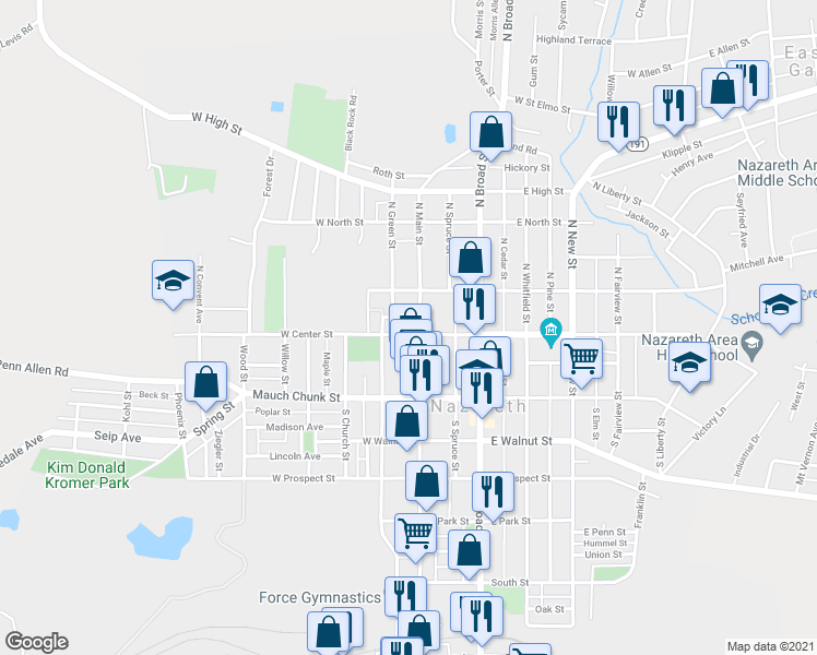 map of restaurants, bars, coffee shops, grocery stores, and more near 1 North Main Street in Nazareth