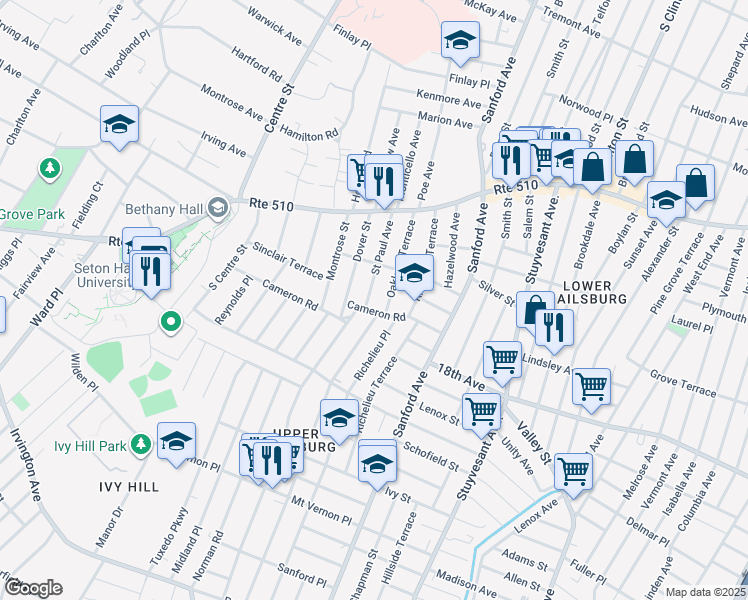 map of restaurants, bars, coffee shops, grocery stores, and more near 70 Saint Paul Avenue in Newark