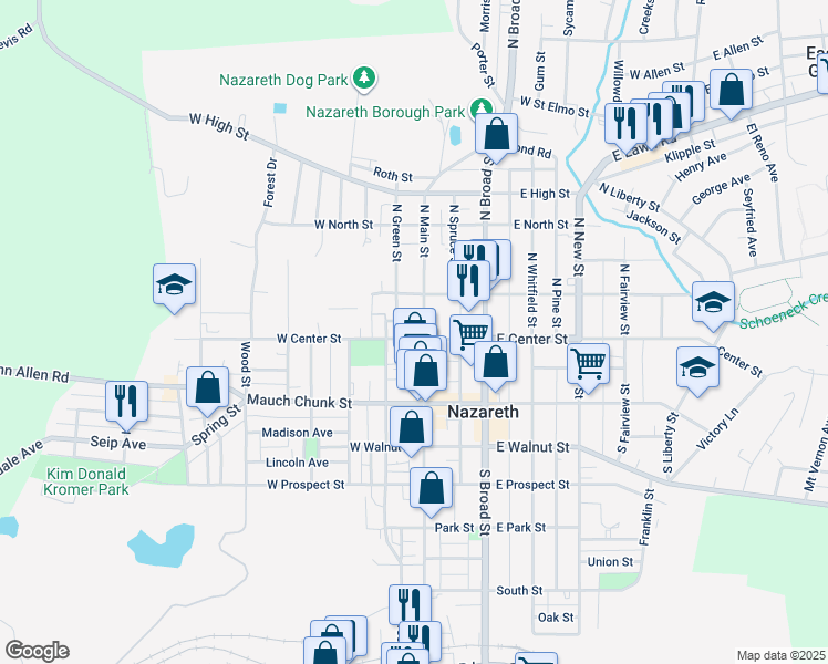 map of restaurants, bars, coffee shops, grocery stores, and more near 1 North Main Street in Nazareth