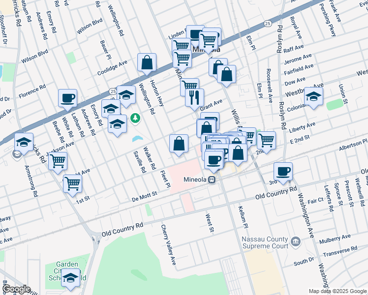 map of restaurants, bars, coffee shops, grocery stores, and more near 232 Harrison Avenue in Mineola