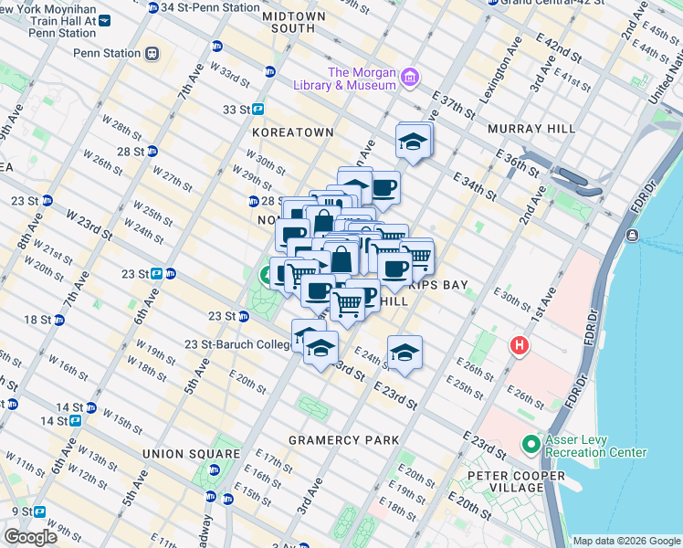 map of restaurants, bars, coffee shops, grocery stores, and more near Park Ave S & E 27th St in New York