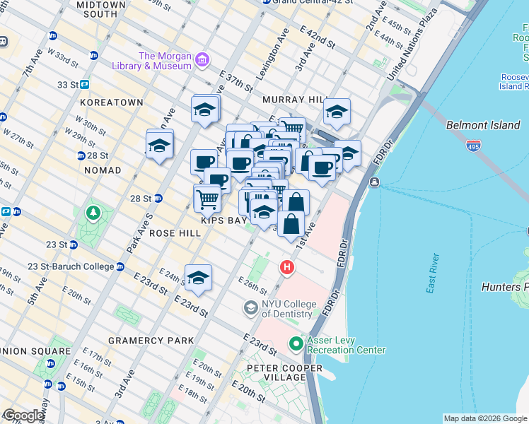 map of restaurants, bars, coffee shops, grocery stores, and more near 570 2nd Avenue in New York
