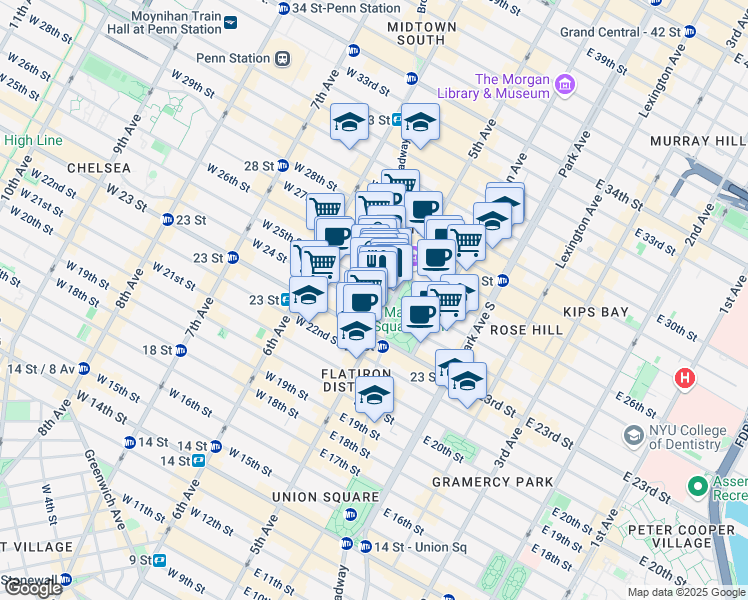 map of restaurants, bars, coffee shops, grocery stores, and more near in New York