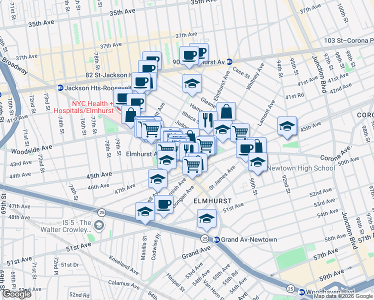 map of restaurants, bars, coffee shops, grocery stores, and more near 84-38 Elmhurst Avenue in Queens