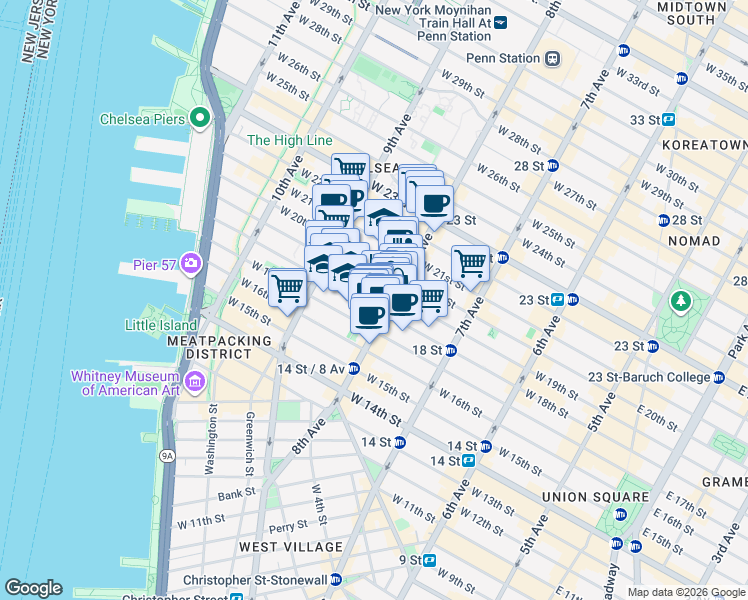 map of restaurants, bars, coffee shops, grocery stores, and more near in New York