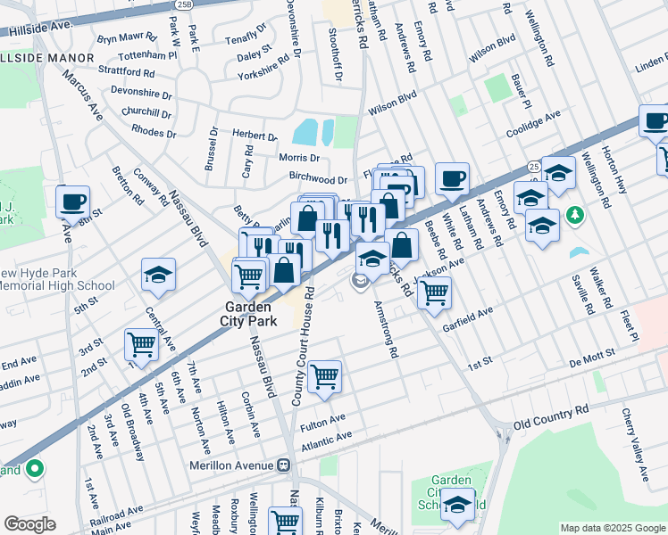 map of restaurants, bars, coffee shops, grocery stores, and more near 2374b Jericho Turnpike in New Hyde Park