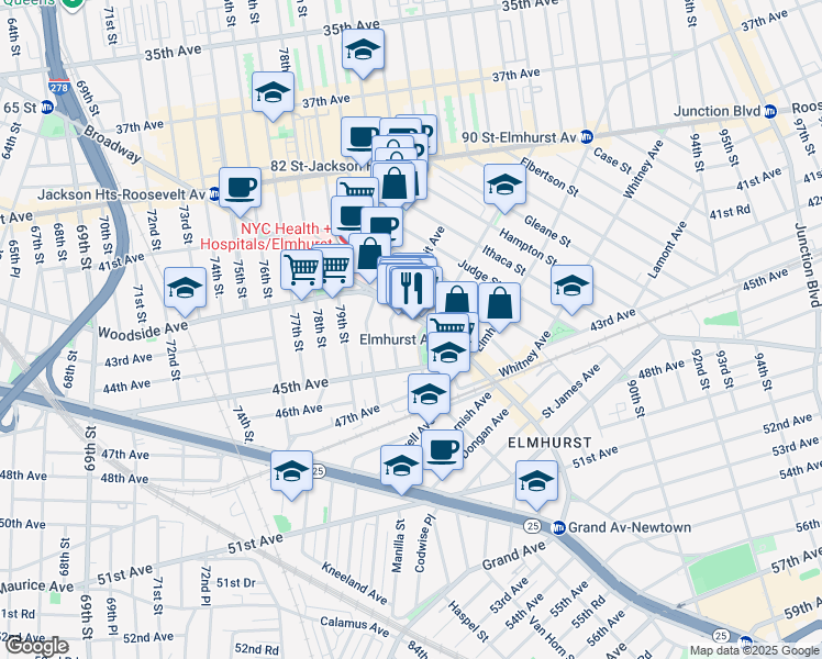 map of restaurants, bars, coffee shops, grocery stores, and more near 81-02 Broadway in Queens