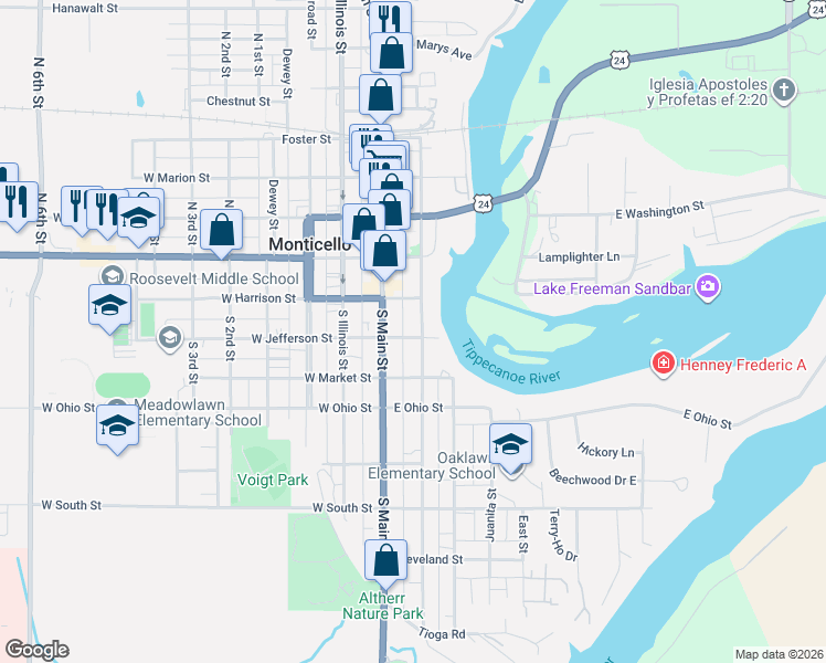 map of restaurants, bars, coffee shops, grocery stores, and more near 201-299 South Bluff Street in Monticello