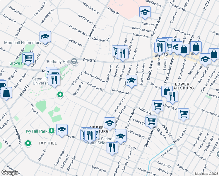 map of restaurants, bars, coffee shops, grocery stores, and more near 73 Dover Street in Newark