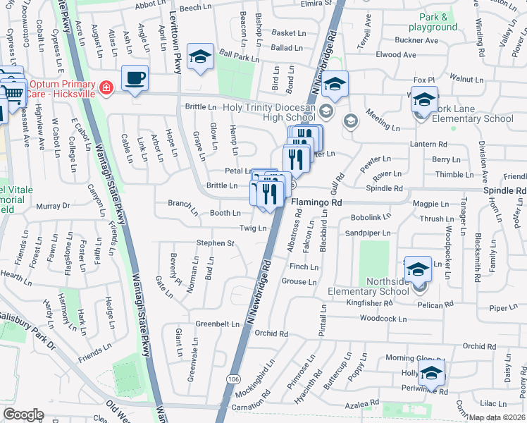 map of restaurants, bars, coffee shops, grocery stores, and more near in Levittown