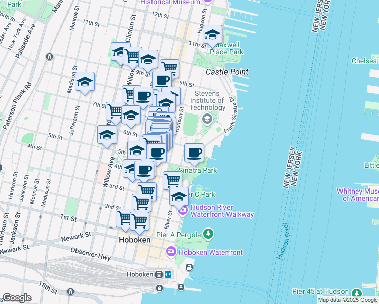 map of restaurants, bars, coffee shops, grocery stores, and more near 525 River Street in Hoboken