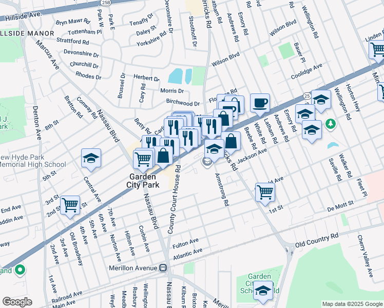 map of restaurants, bars, coffee shops, grocery stores, and more near 2374b Jericho Turnpike in New Hyde Park