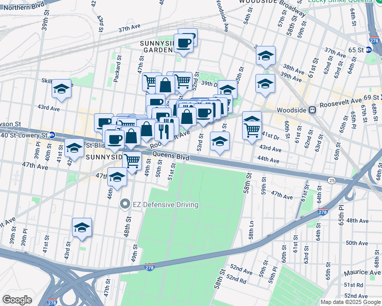 map of restaurants, bars, coffee shops, grocery stores, and more near in Queens