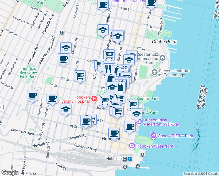 map of restaurants, bars, coffee shops, grocery stores, and more near 515 Garden Street in Hoboken
