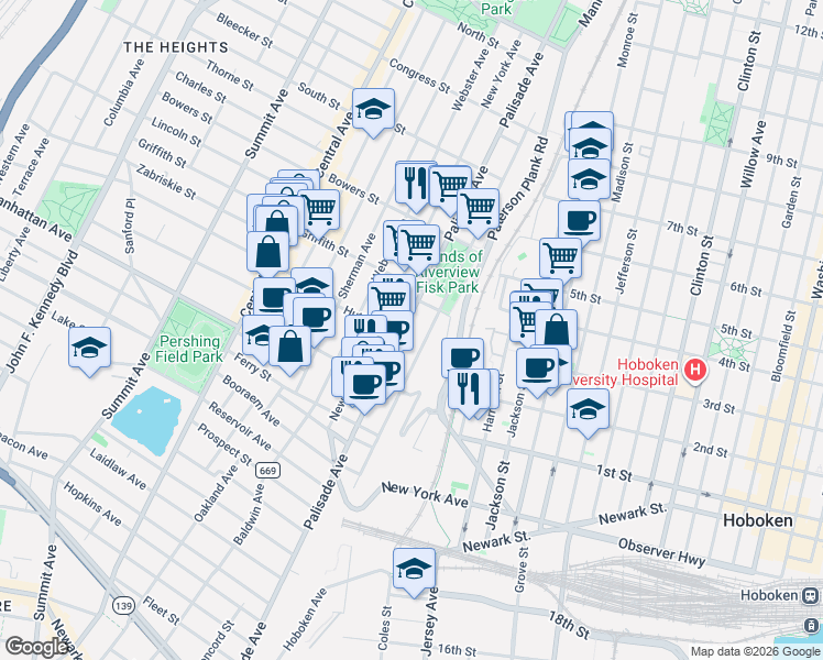 map of restaurants, bars, coffee shops, grocery stores, and more near 426 Palisade Avenue in Jersey City