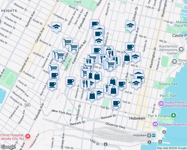 map of restaurants, bars, coffee shops, grocery stores, and more near in Hoboken