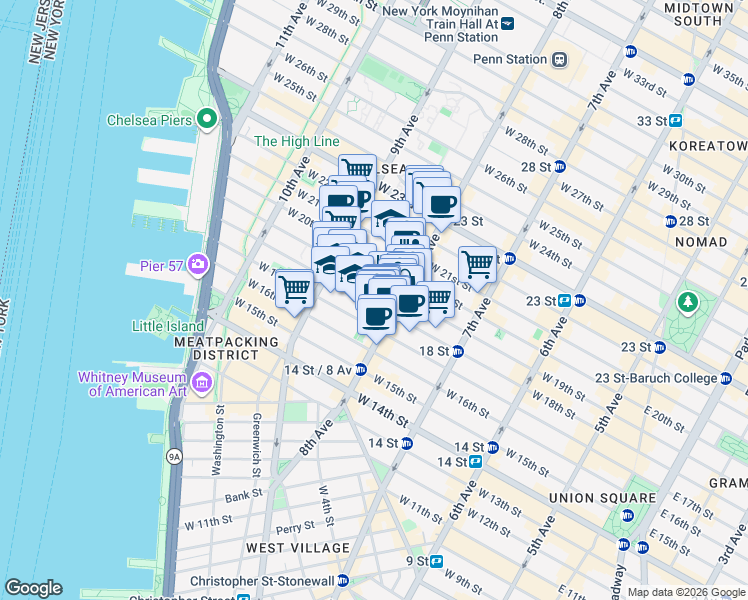 map of restaurants, bars, coffee shops, grocery stores, and more near in New York