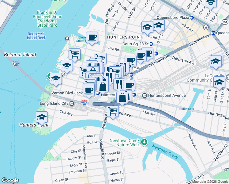 map of restaurants, bars, coffee shops, grocery stores, and more near in Queens