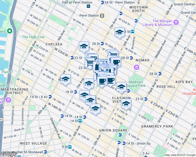 map of restaurants, bars, coffee shops, grocery stores, and more near 125 West 22nd Street in New York