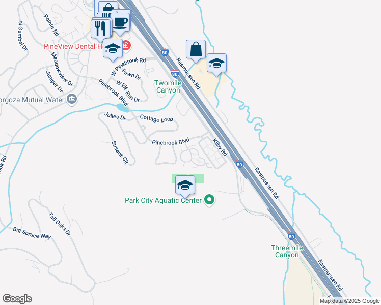 map of restaurants, bars, coffee shops, grocery stores, and more near 1600 West Pinebrook Boulevard in Park City