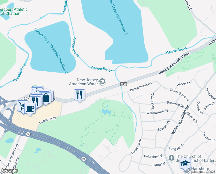 map of restaurants, bars, coffee shops, grocery stores, and more near 167 John F Kennedy Parkway in Millburn