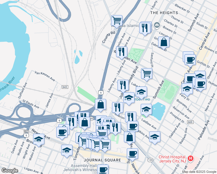 map of restaurants, bars, coffee shops, grocery stores, and more near 175 Liberty Avenue in Jersey City