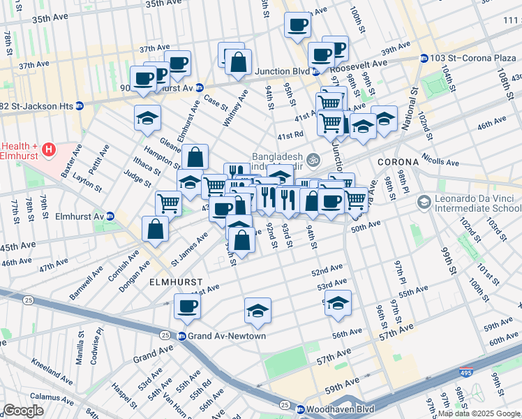 map of restaurants, bars, coffee shops, grocery stores, and more near 92-09 Corona Avenue in Queens