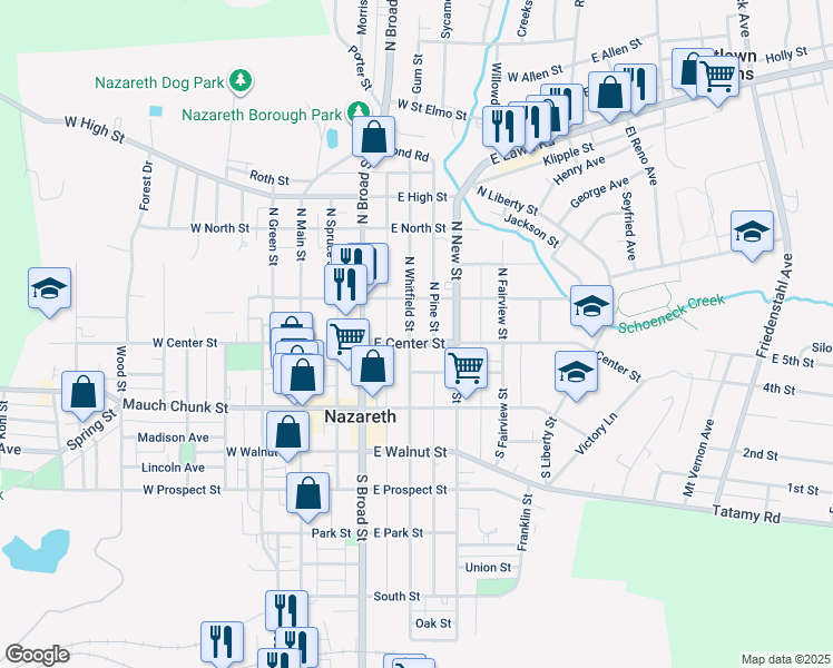 map of restaurants, bars, coffee shops, grocery stores, and more near 203 East Center Street in Nazareth