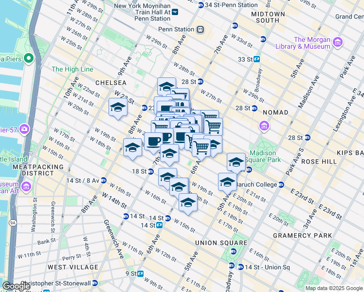 map of restaurants, bars, coffee shops, grocery stores, and more near 147 West 22nd Street in New York